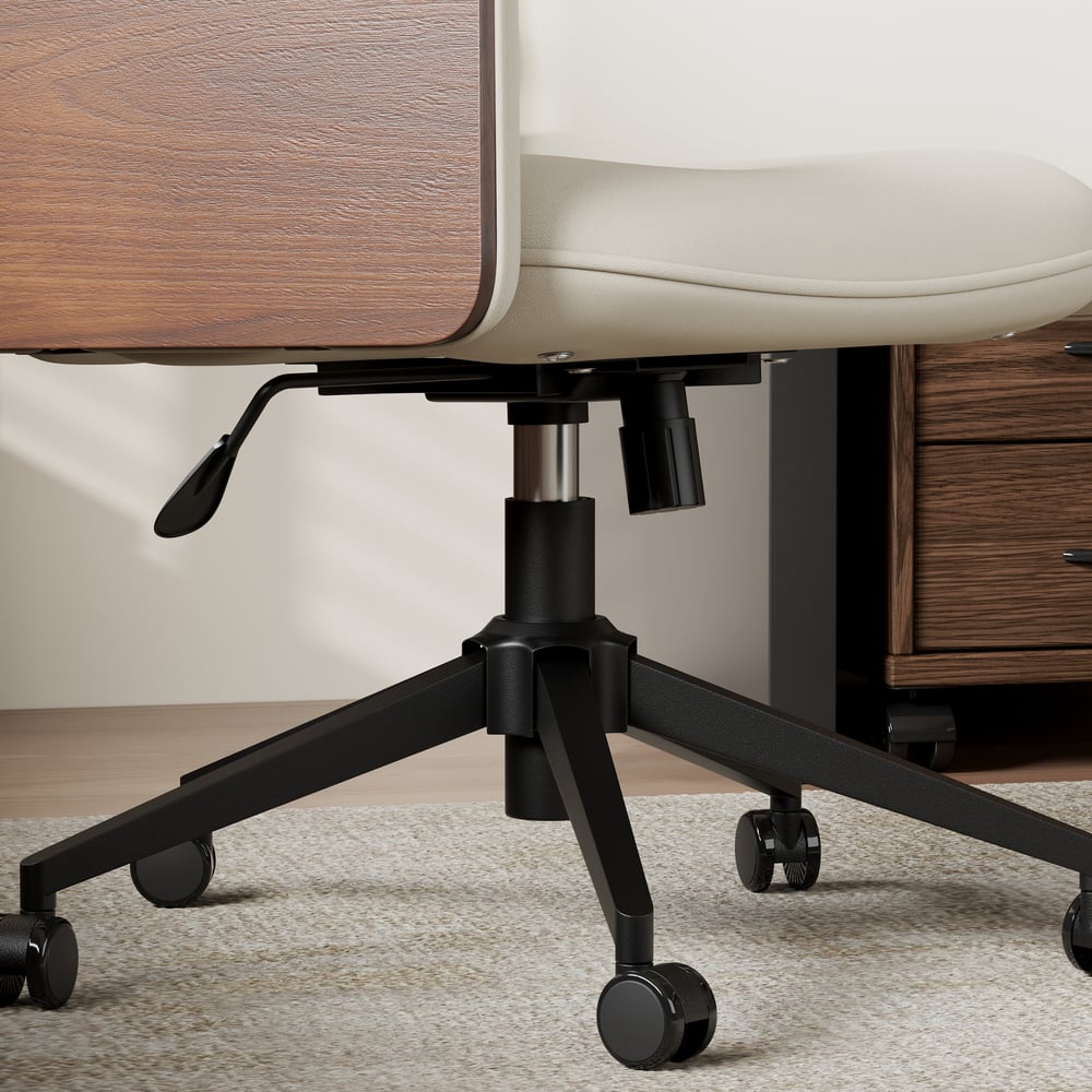 Wood & Faux Leather Office Chair - Ergonomic Adjustable Swivel (Warm White) window image