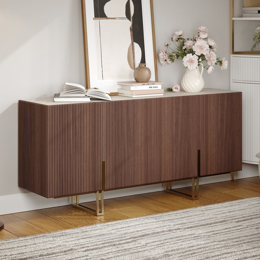 Credenza da buffet Grovyn, 1600 mm, piano in pietra sinterizzata, in noce scanalato, con ripiani regolabili Immagine della finestra