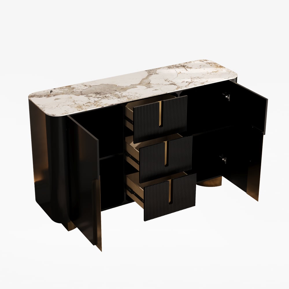 Artus ModernMatte Black 1500mm Sintered Stone Sideboard 3 Drawers Kitchen Buffet Table window image