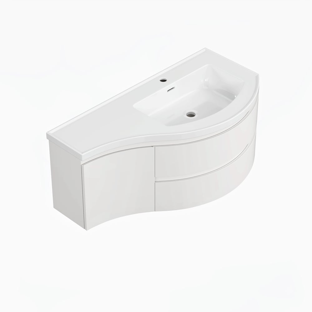 Mobile da bagno curvo galleggiante da 900 mm in mobile da bagno con lavandino singolo con offset destro bianco Immagine della finestra