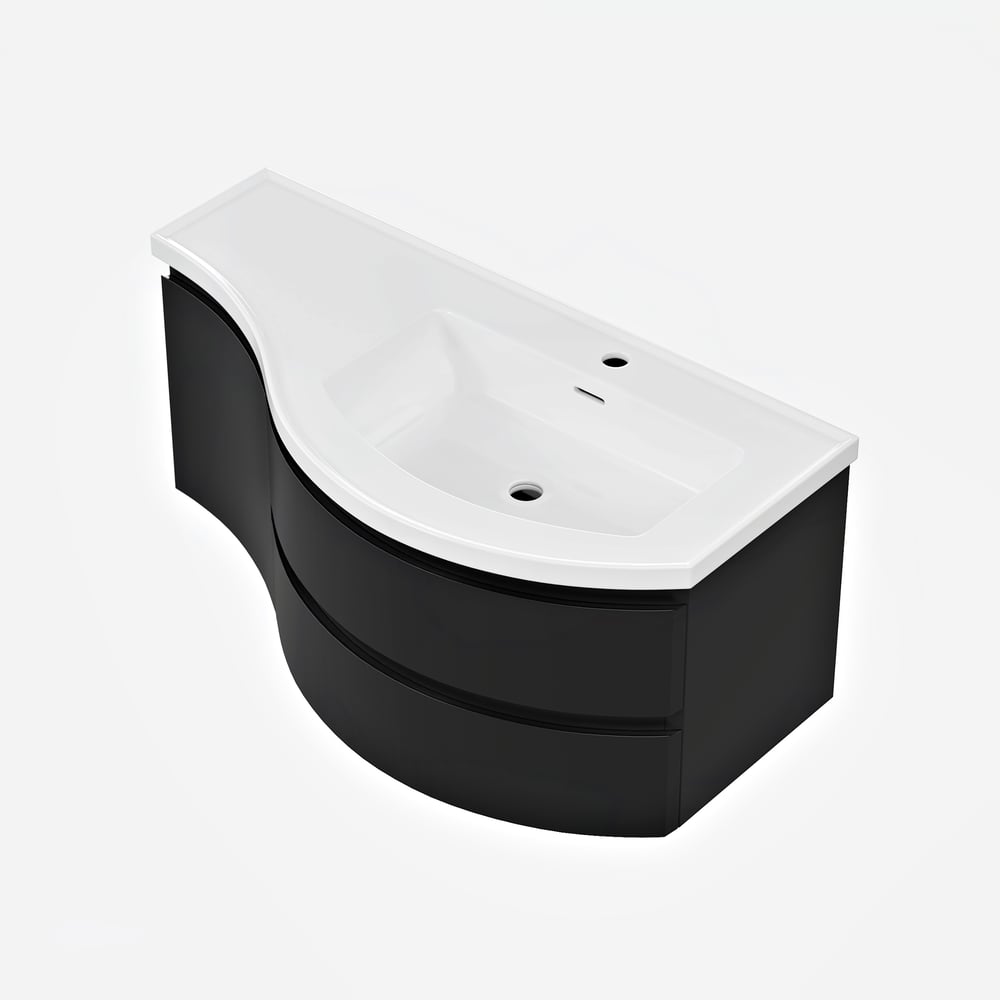 Floating Curved Bathroom Vanity in Black & Round LED Medicine Cabinet Set Right Offset window image