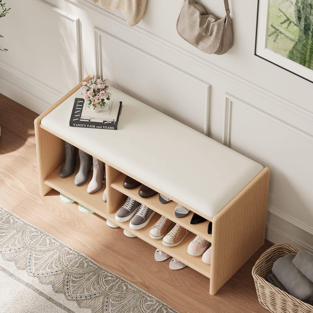 1010 mm große Bank für den Eingangsbereich, Holz, gepolstert Schaufensterbilder