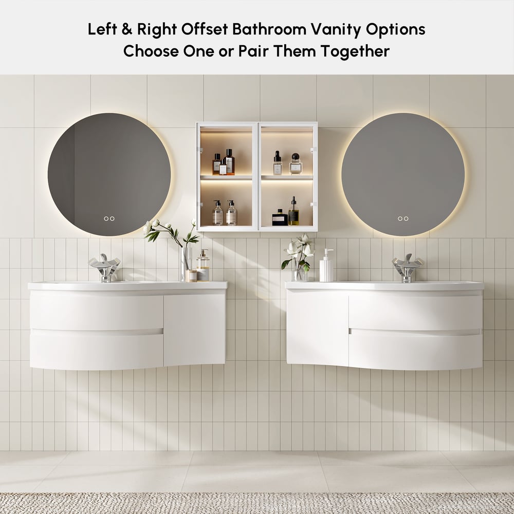 Mobile da bagno curvo galleggiante da 900 mm in mobile da bagno con lavandino singolo con offset destro bianco Immagine della finestra