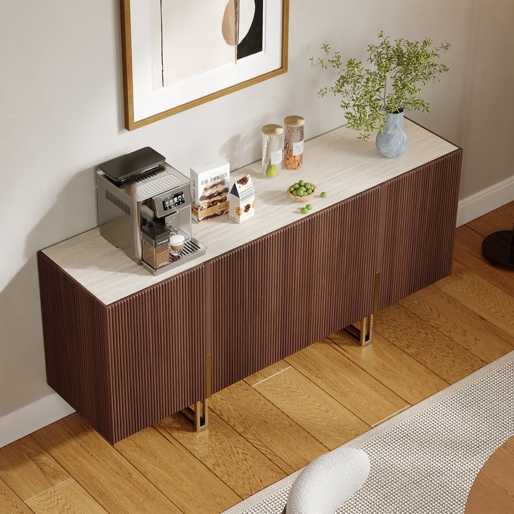 Credenza da buffet Grovyn, 1600 mm, piano in pietra sinterizzata, in noce scanalato, con ripiani regolabili Immagine della finestra