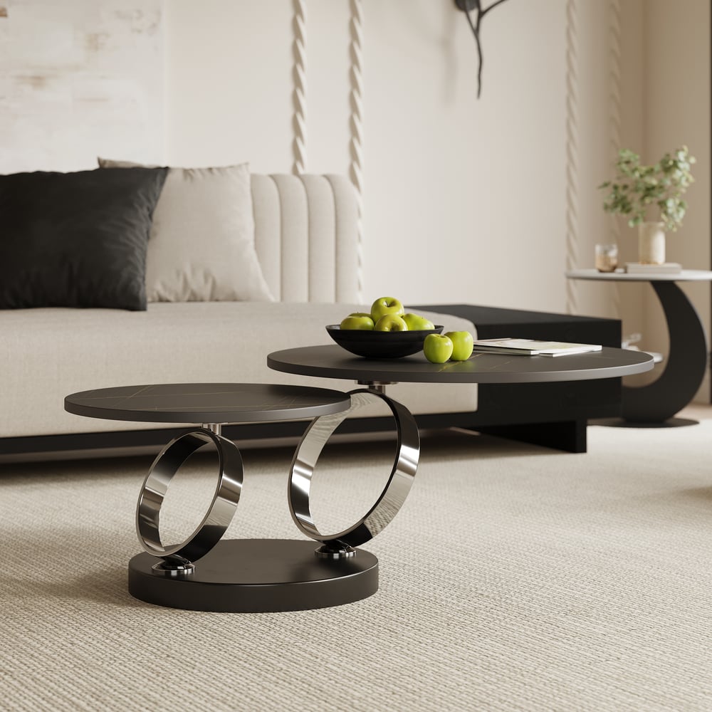 Černý rozkládací konferenční stolek s kovovým podstavcem ve tvaru prstence obrázek okna