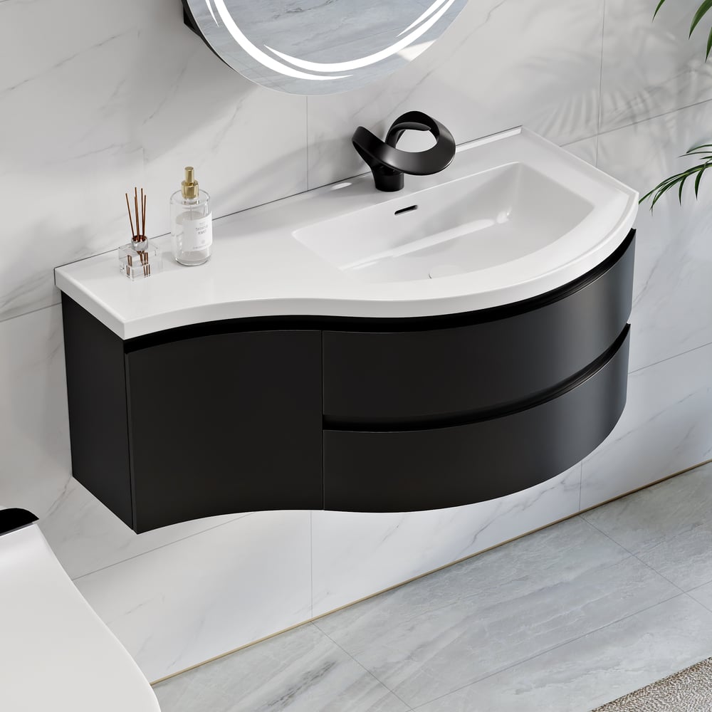 900mm Floating Curved Bathroom Vanity in Black Right Offset Single Sink Bathroom Cabinet window image