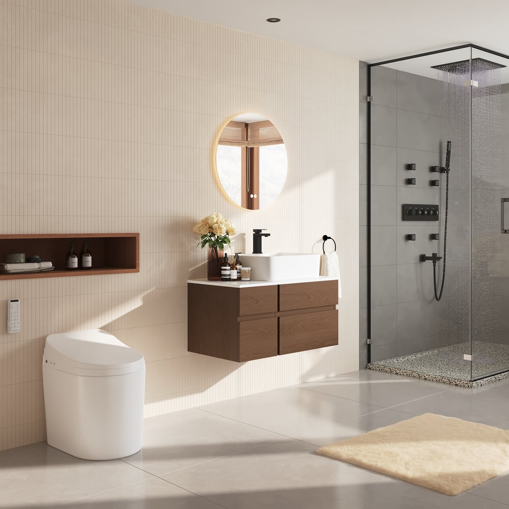 31.5" Bathroom Vanity Set Walnut Modern Floating Bathroom Vanity with Sink window image