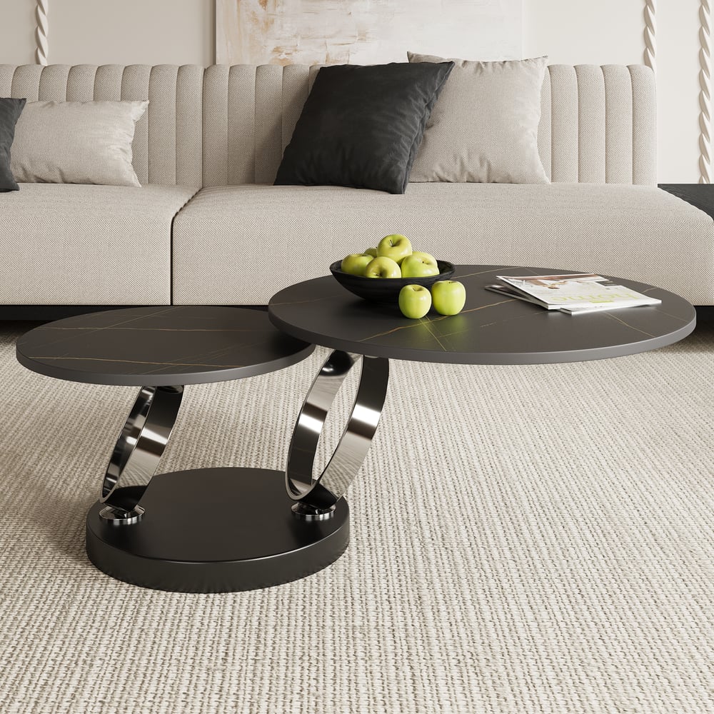 Černý rozkládací konferenční stolek s kovovým podstavcem ve tvaru prstence obrázek okna