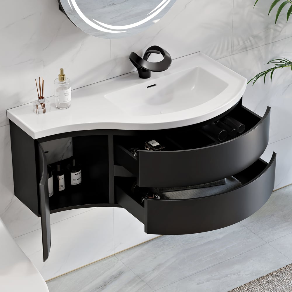 900mm Floating Curved Bathroom Vanity in Black Right Offset Single Sink Bathroom Cabinet window image