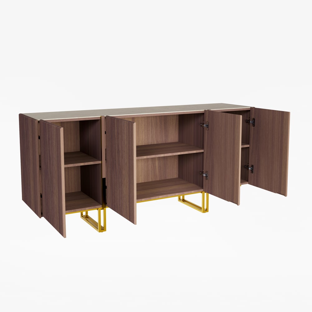 Credenza da buffet Grovyn, 1600 mm, piano in pietra sinterizzata, in noce scanalato, con ripiani regolabili Immagine della finestra