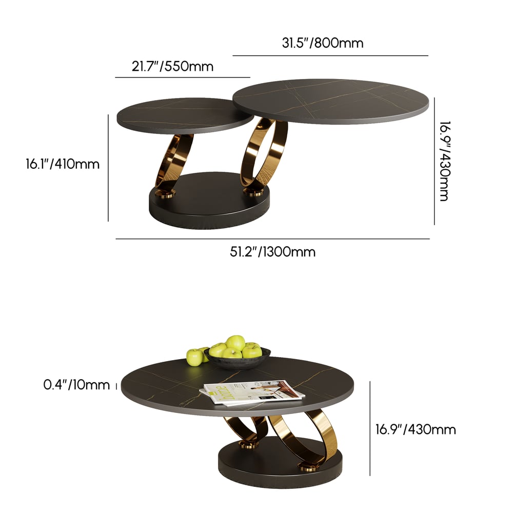 Modern Black Extendable Coffee Table with Ring-shaped Metal Pedestal weights dimensions image