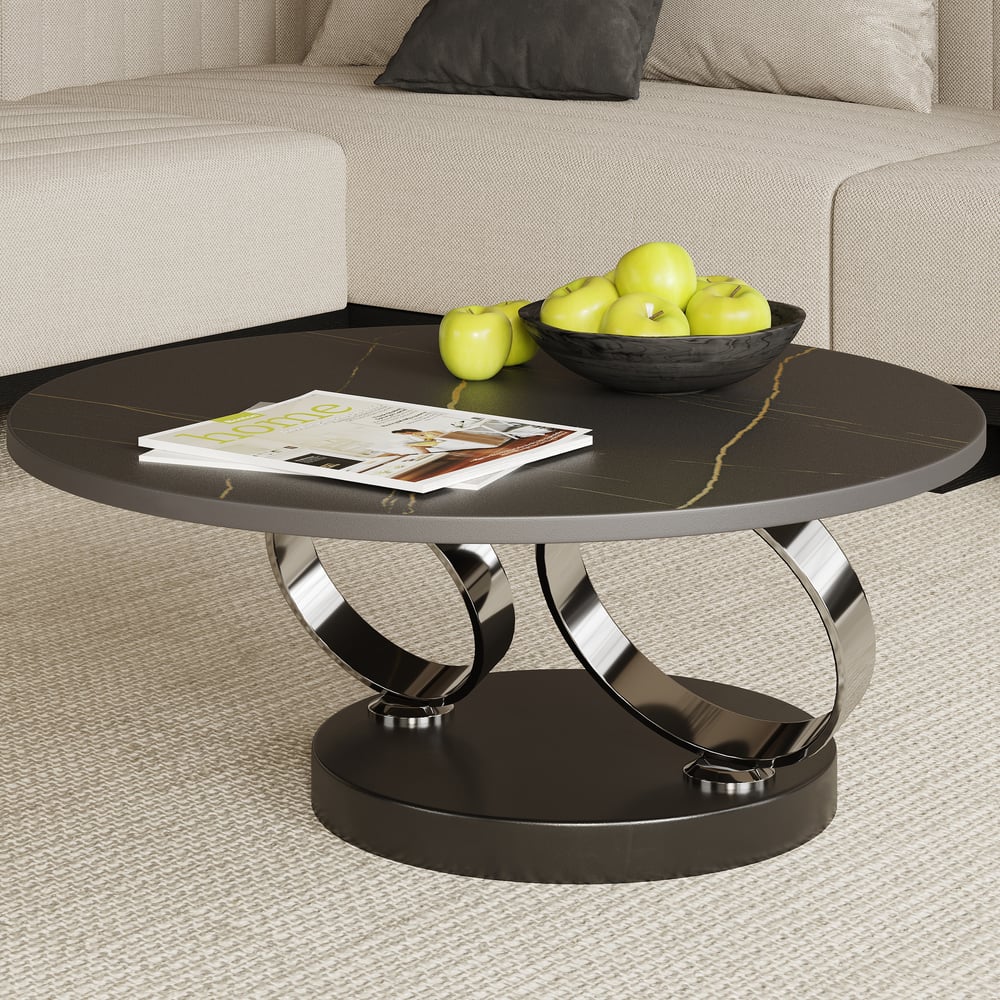 Černý rozkládací konferenční stolek s kovovým podstavcem ve tvaru prstence obrázek okna