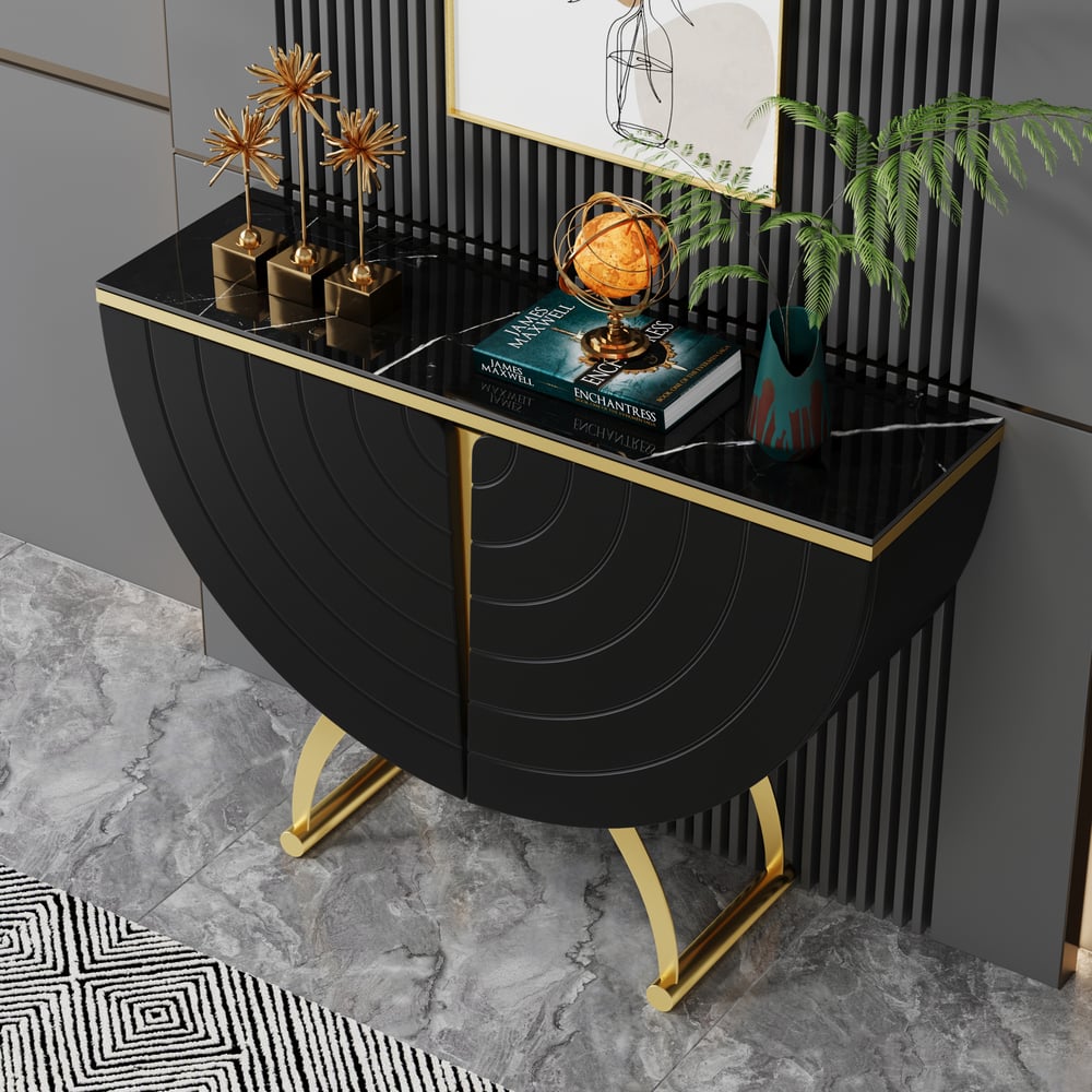 Modern Gold Console Table Sintered Stone Top Entryway Storage Cabinet with Doors window image