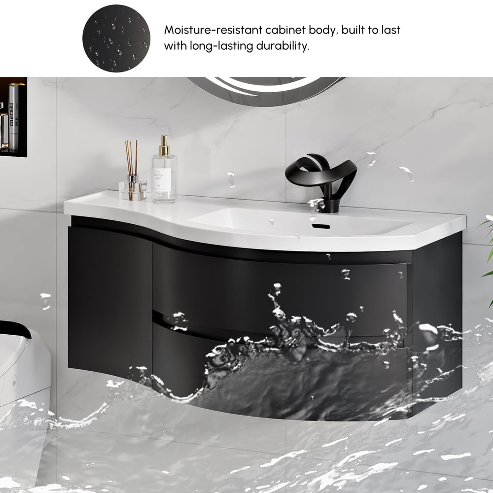 Floating Curved Bathroom Vanity in Black & Round LED Medicine Cabinet Set Right Offset window image