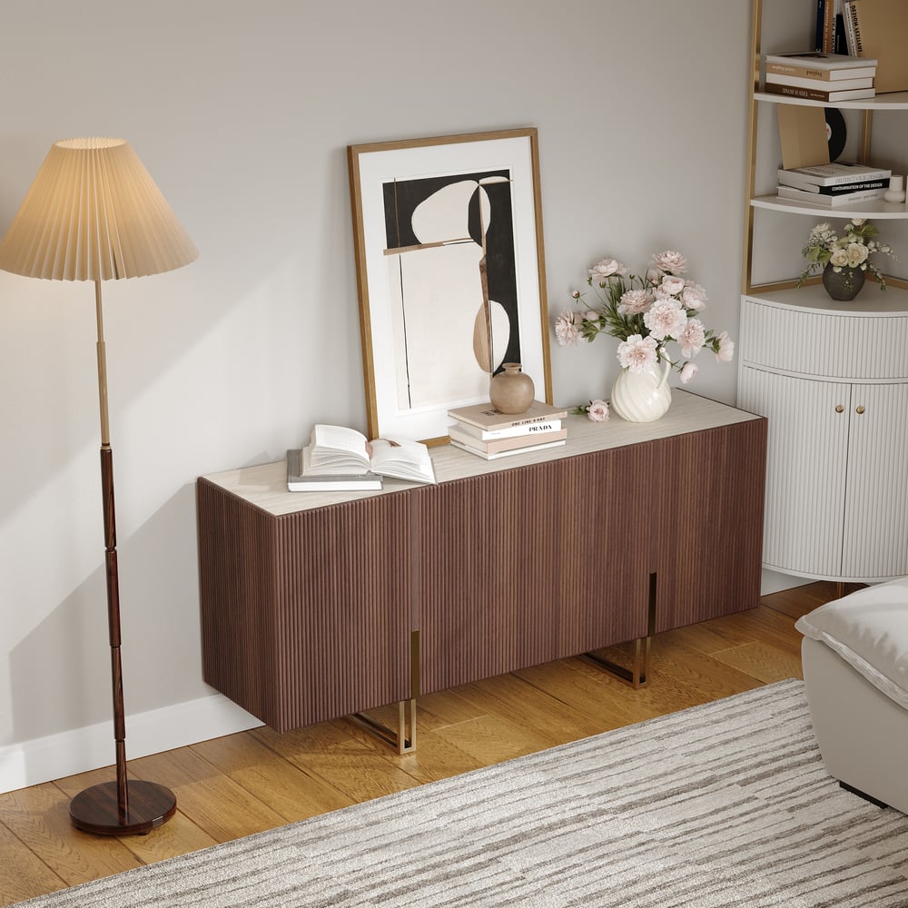 Credenza da buffet Grovyn, 1600 mm, piano in pietra sinterizzata, in noce scanalato, con ripiani regolabili Immagine della finestra