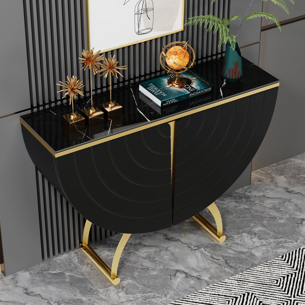 Modern Gold Console Table Sintered Stone Top Entryway Storage Cabinet with Doors window image