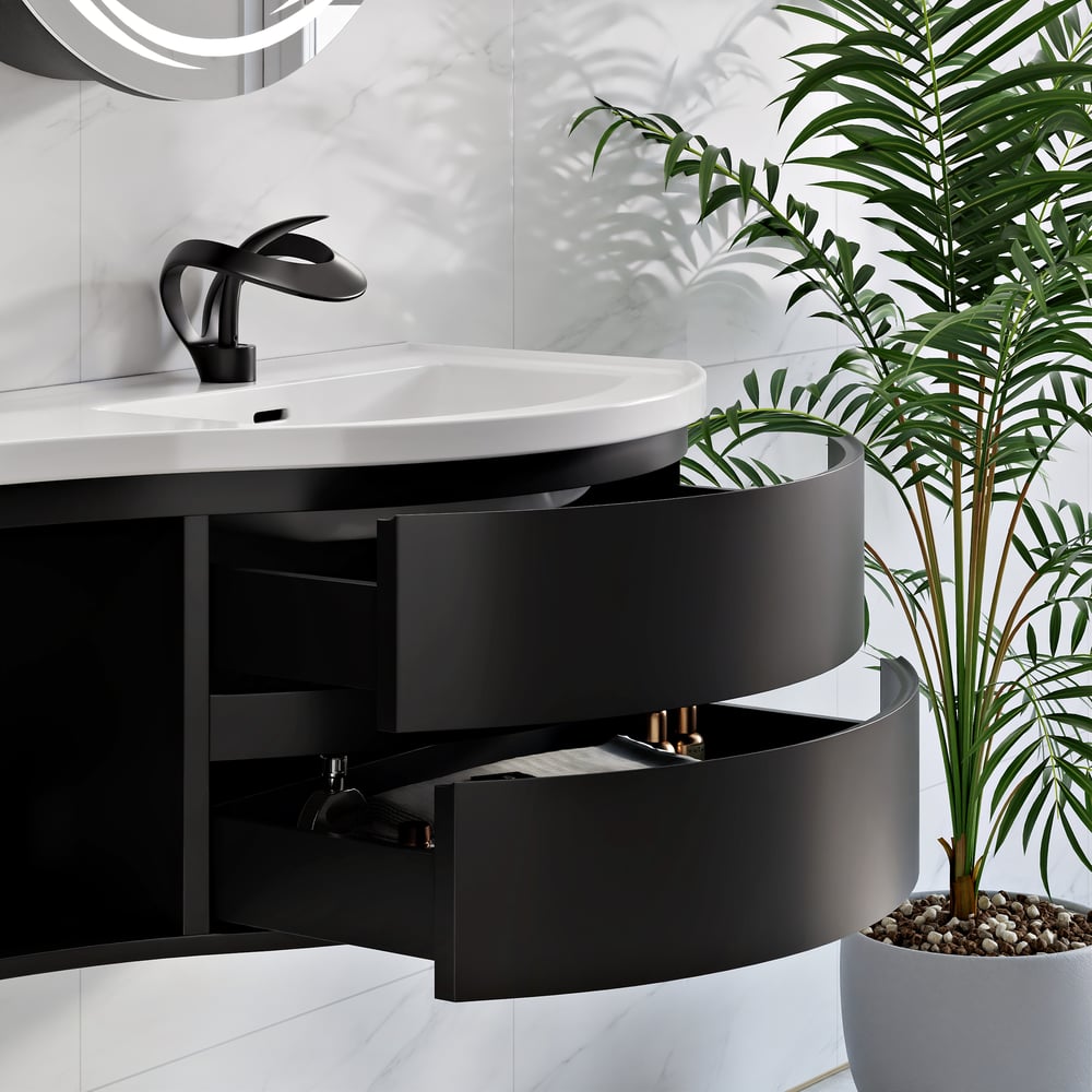 900mm Floating Curved Bathroom Vanity in Black Right Offset Single Sink Bathroom Cabinet window image