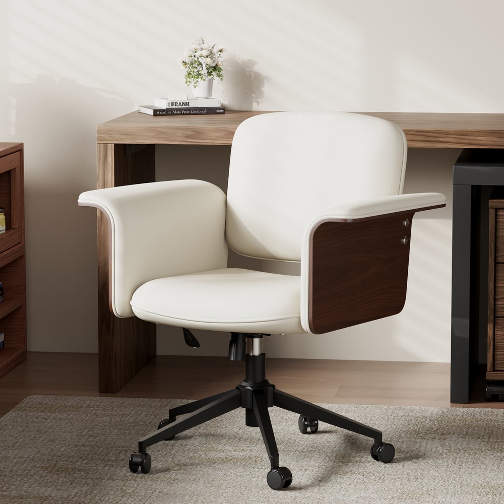 Wood & Faux Leather Office Chair - Ergonomic Adjustable Swivel (Warm White) window image