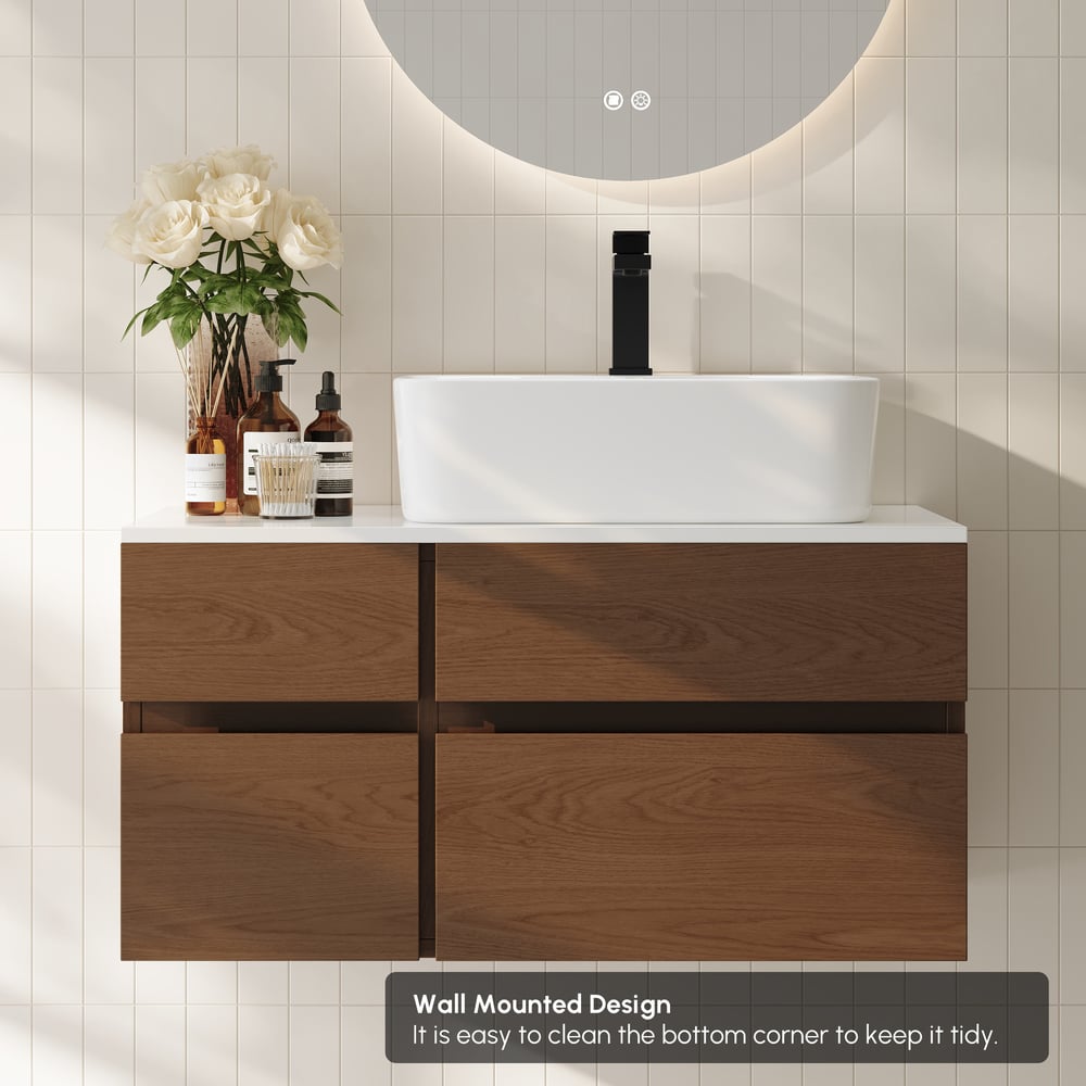 31.5" Bathroom Vanity Set Walnut Modern Floating Bathroom Vanity with Sink window image