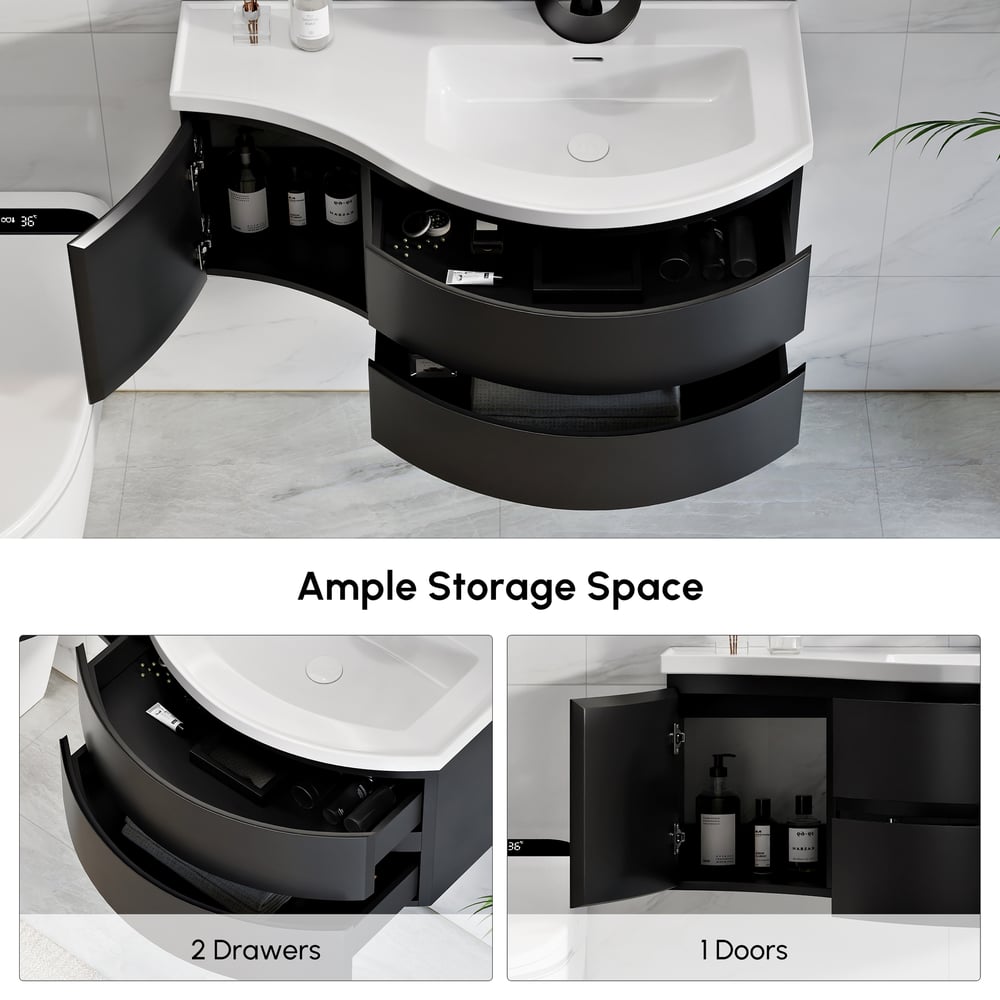 Floating Curved Bathroom Vanity in Black & Round LED Medicine Cabinet Set Right Offset window image