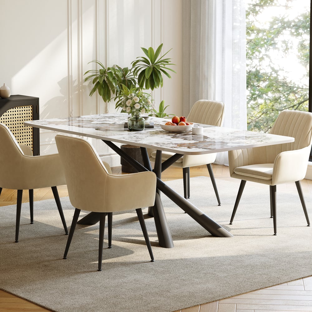 Table de salle à manger rectangulaire moderne en pierre de 2000 mm avec tréteau en acier inoxydable image de fenêtre