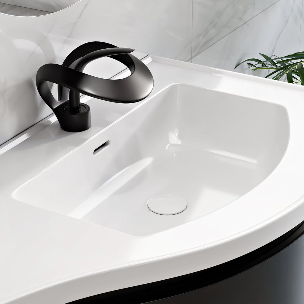 900mm Floating Curved Bathroom Vanity in Black Right Offset Single Sink Bathroom Cabinet window image