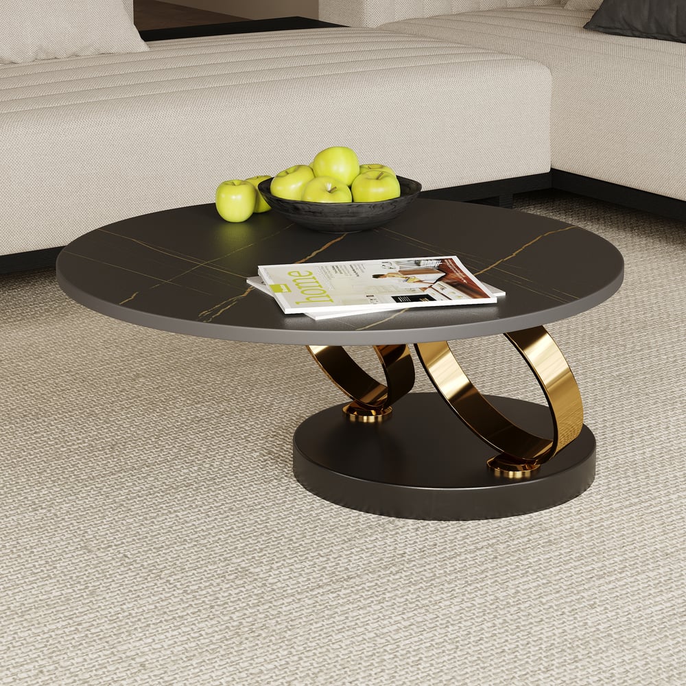 Modern Black Extendable Coffee Table with Ring-shaped Metal Pedestal window image