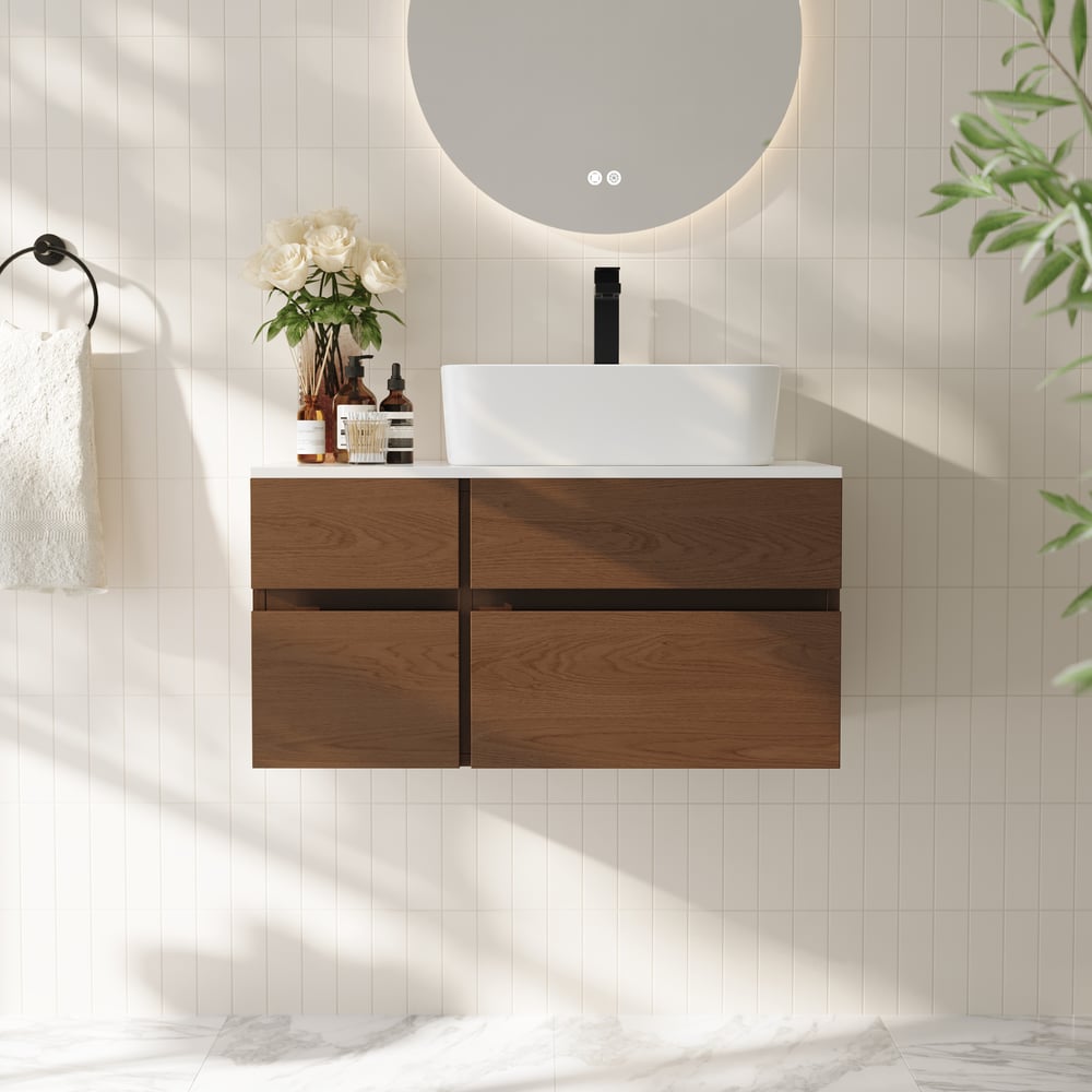 31.5" Bathroom Vanity Set Walnut Modern Floating Bathroom Vanity with Sink window image