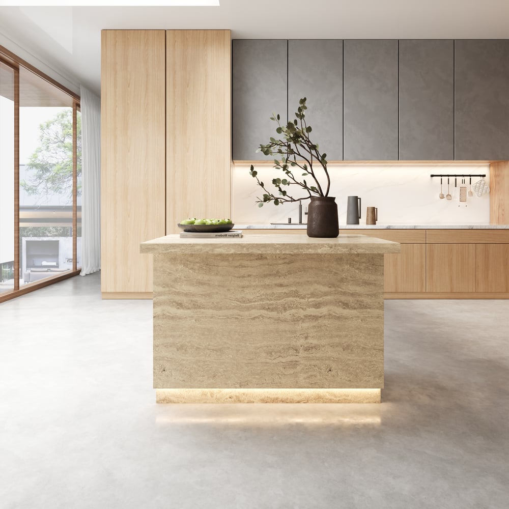 1270mm Kitchen lsland Matte Travertine Wooden Storage Kitchen Cabinet with Light window image