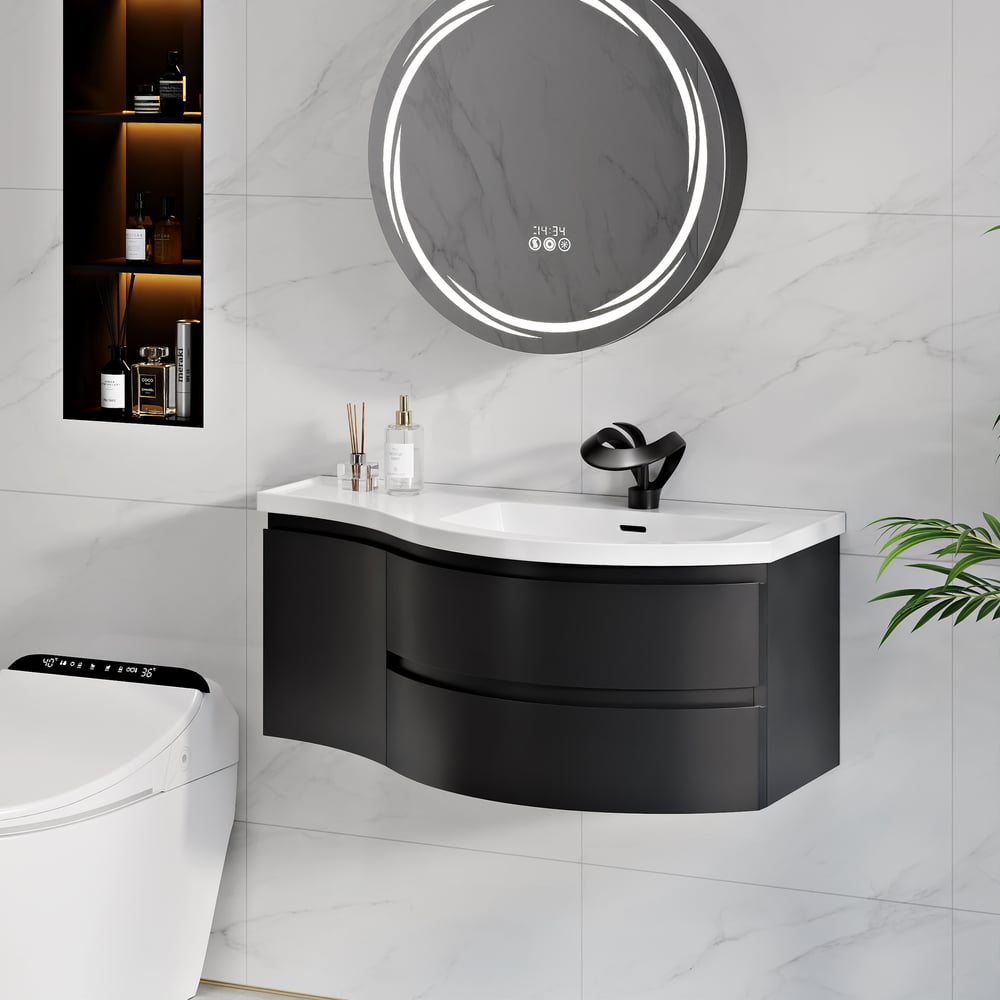 900mm Floating Curved Bathroom Vanity in Black Right Offset Single Sink Bathroom Cabinet window image