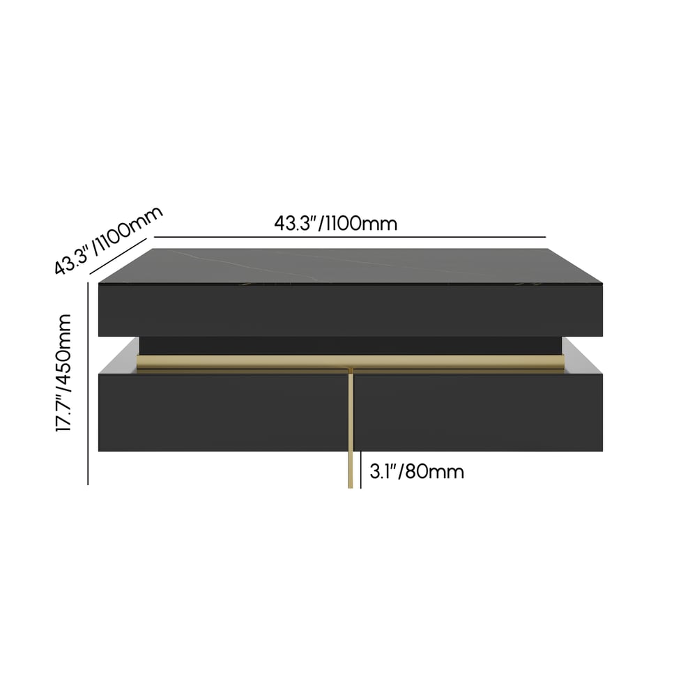 Black Modern Square Coffee Table with Drawers Sintered Stone Top & Metal Legs weights dimensions image