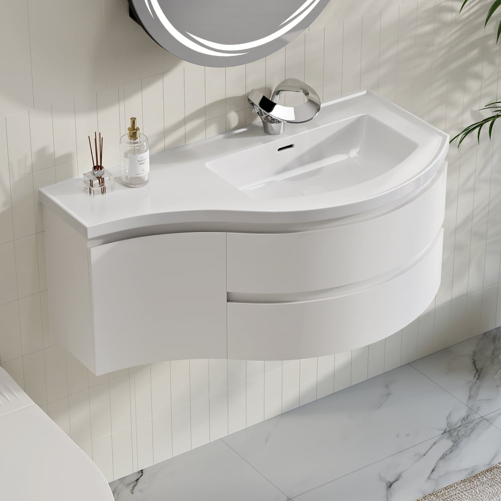 Mobile da bagno curvo galleggiante da 900 mm in mobile da bagno con lavandino singolo con offset destro bianco Immagine della finestra