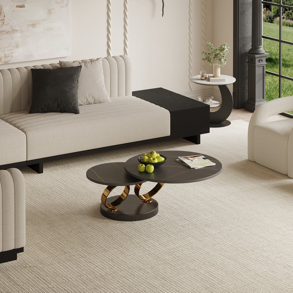 Modern Black Extendable Coffee Table with Ring-shaped Metal Pedestal window image