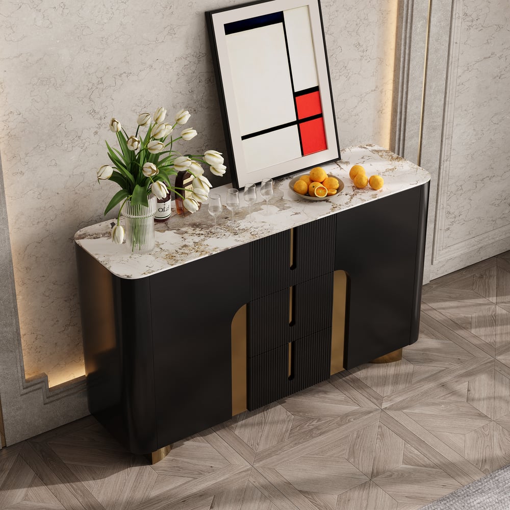 Artus ModernMatte Black 1500mm Sintered Stone Sideboard 3 Drawers Kitchen Buffet Table window image