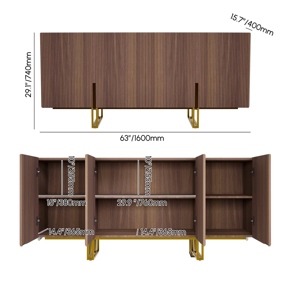 Credenza da buffet Grovyn, 1600 mm, piano in pietra sinterizzata, in noce scanalato, con ripiani regolabili Immagine con pesi e dimensioni