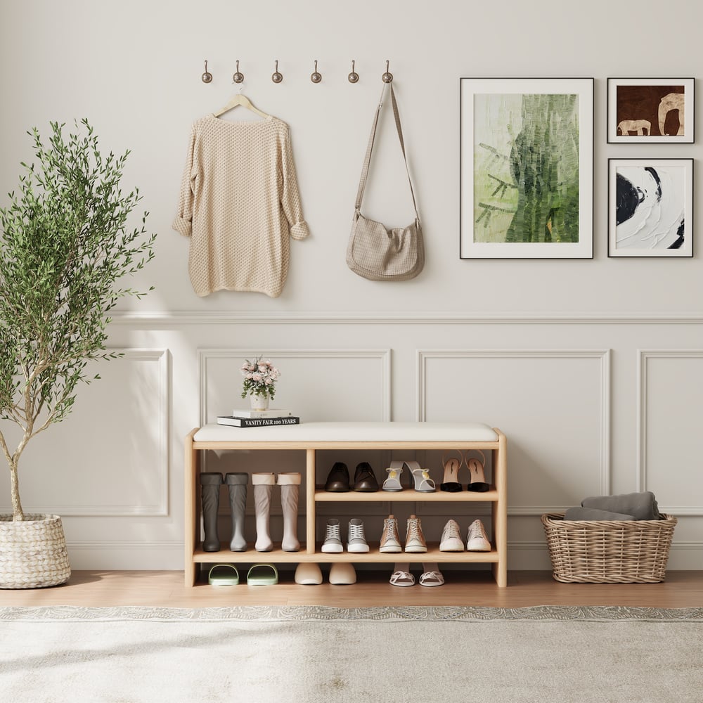 1010 mm große Bank für den Eingangsbereich, Holz, gepolstert Schaufensterbilder