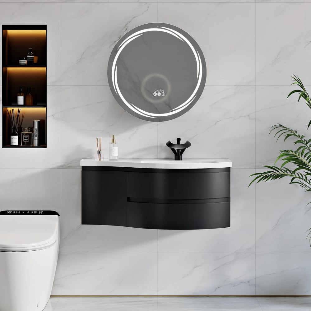 Floating Curved Bathroom Vanity in Black & Round LED Medicine Cabinet Set Right Offset window image