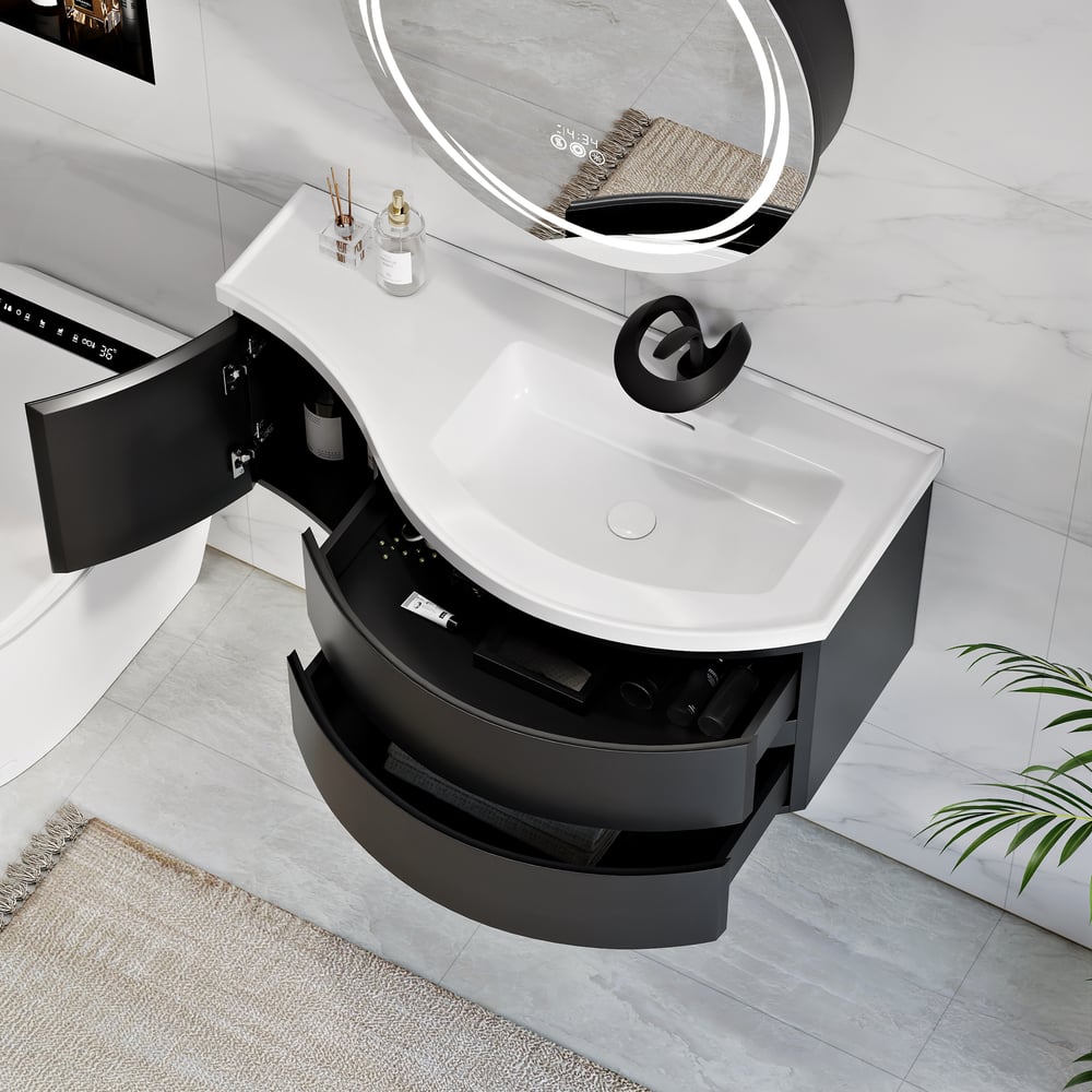 900mm Floating Curved Bathroom Vanity in Black Right Offset Single Sink Bathroom Cabinet window image