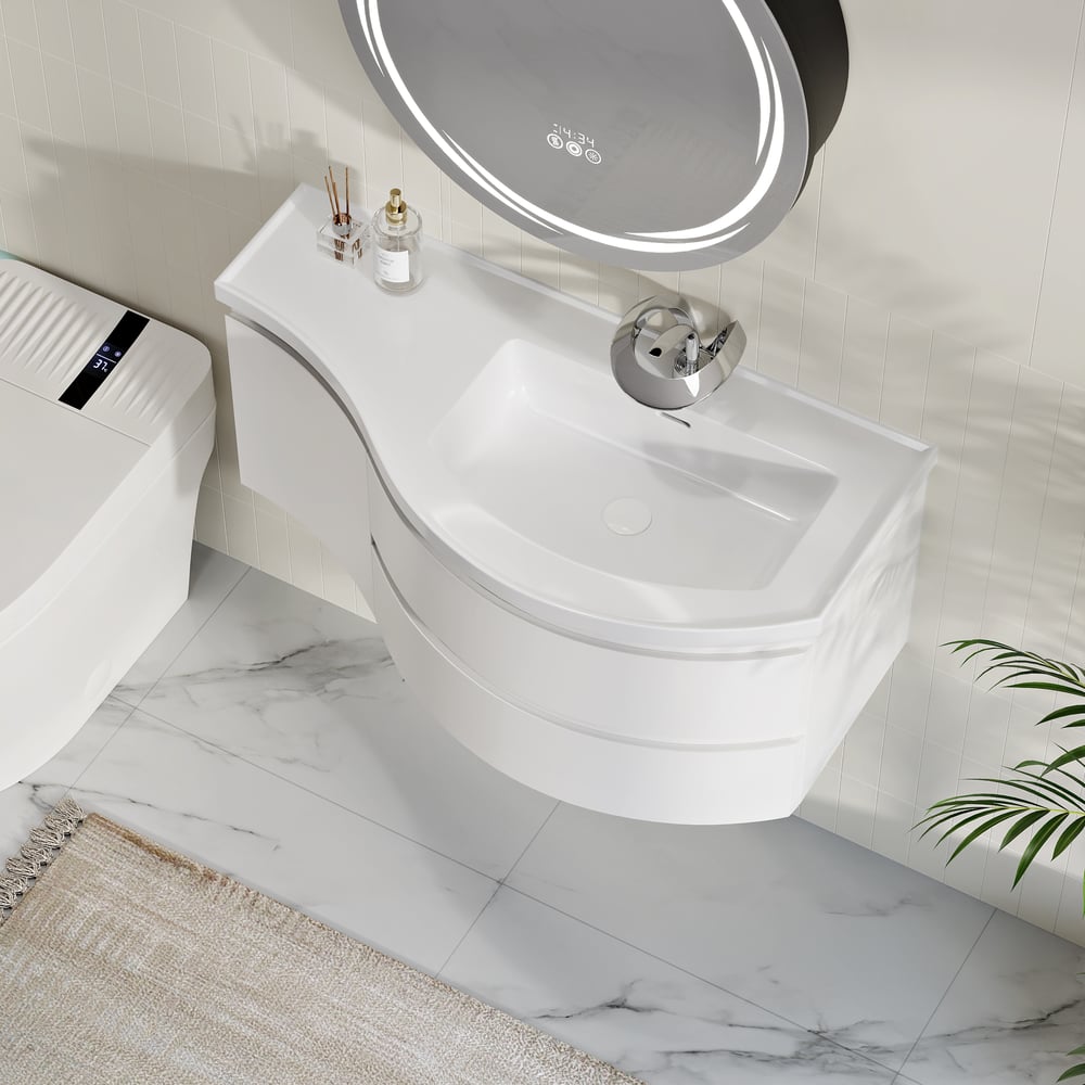 Mobile da bagno curvo galleggiante da 900 mm in mobile da bagno con lavandino singolo con offset destro bianco Immagine della finestra