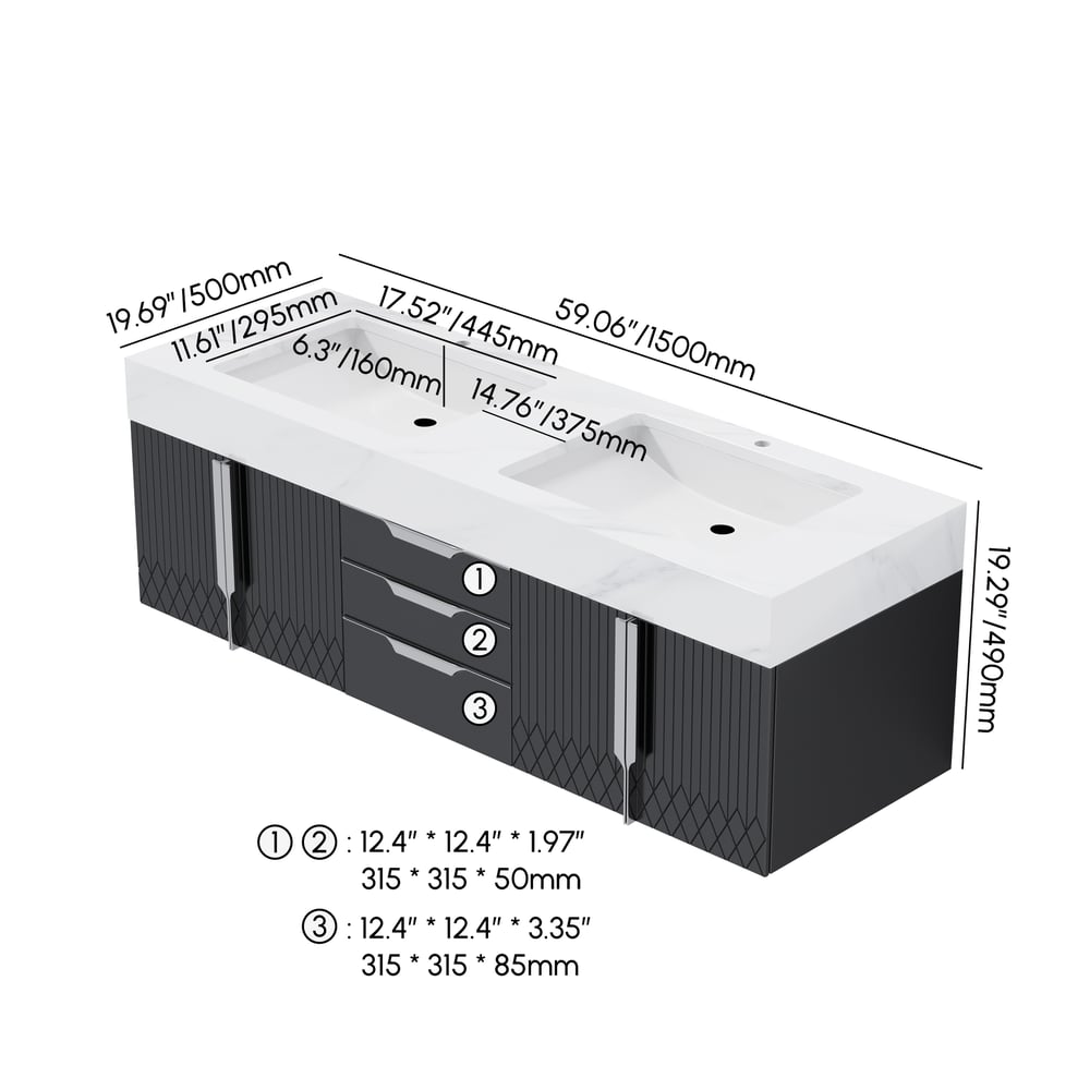 Aro Series Bathroom Vanity Set 59" Floating Faux Marble Bathroom Vanity Black with Sink weights dimensions image