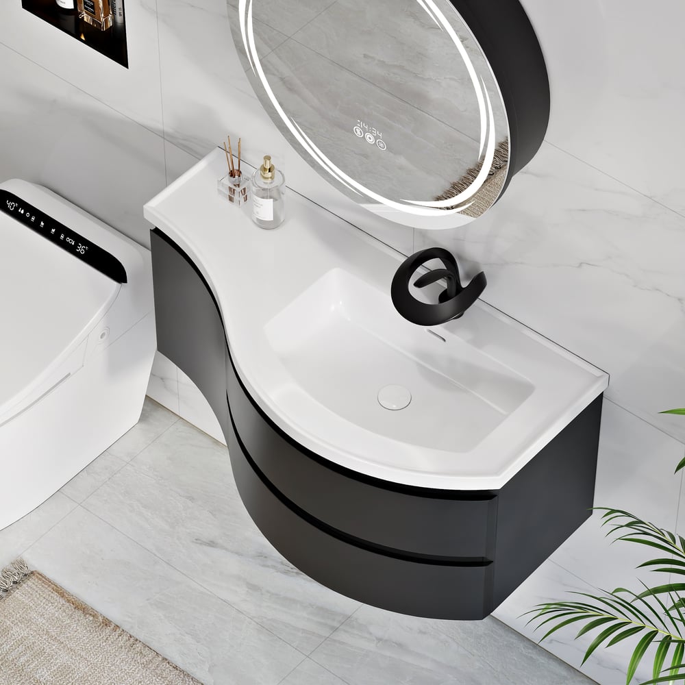Floating Curved Bathroom Vanity in Black & Round LED Medicine Cabinet Set Right Offset window image