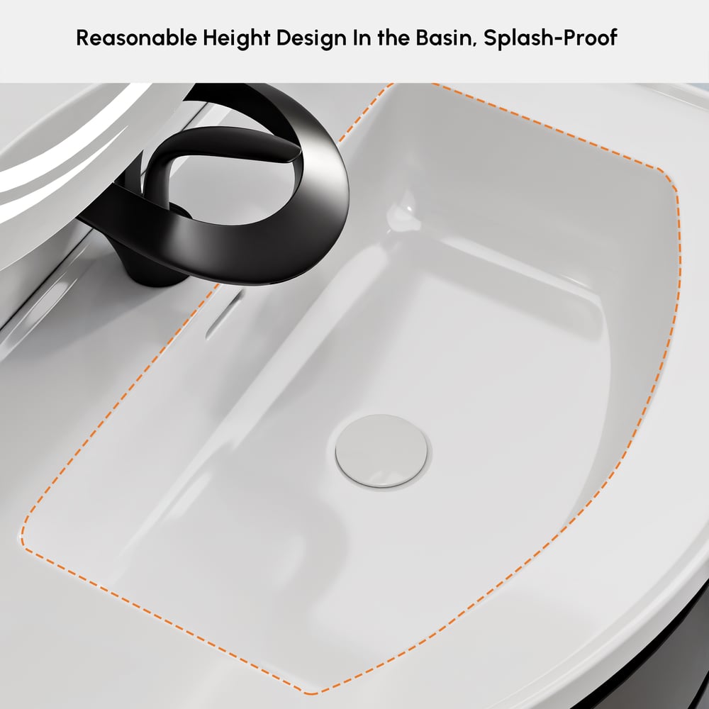 Floating Curved Bathroom Vanity in Black & Round LED Medicine Cabinet Set Right Offset window image