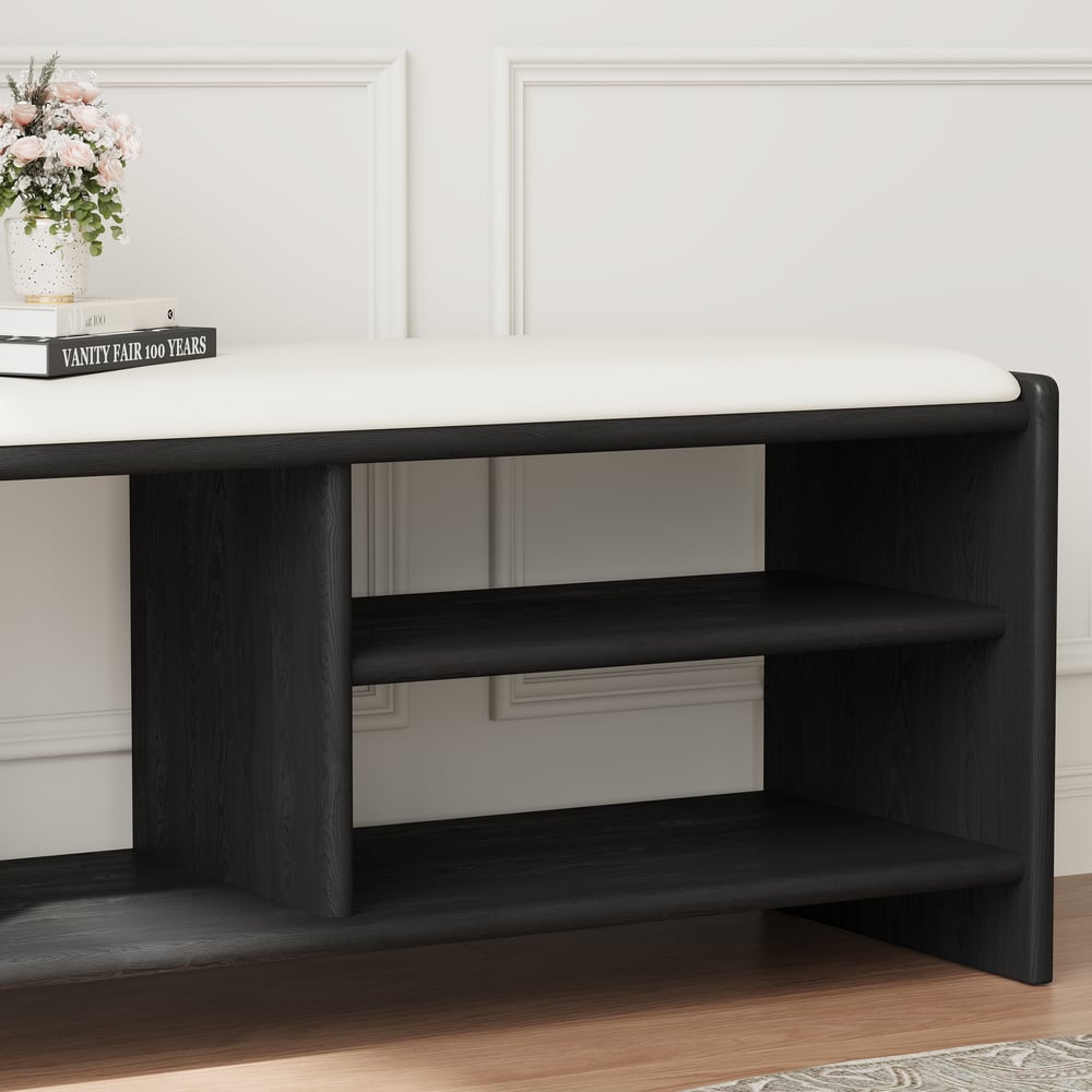 1010mm Wood Shoe Storage Entryway Bench Leather Upholstered window image