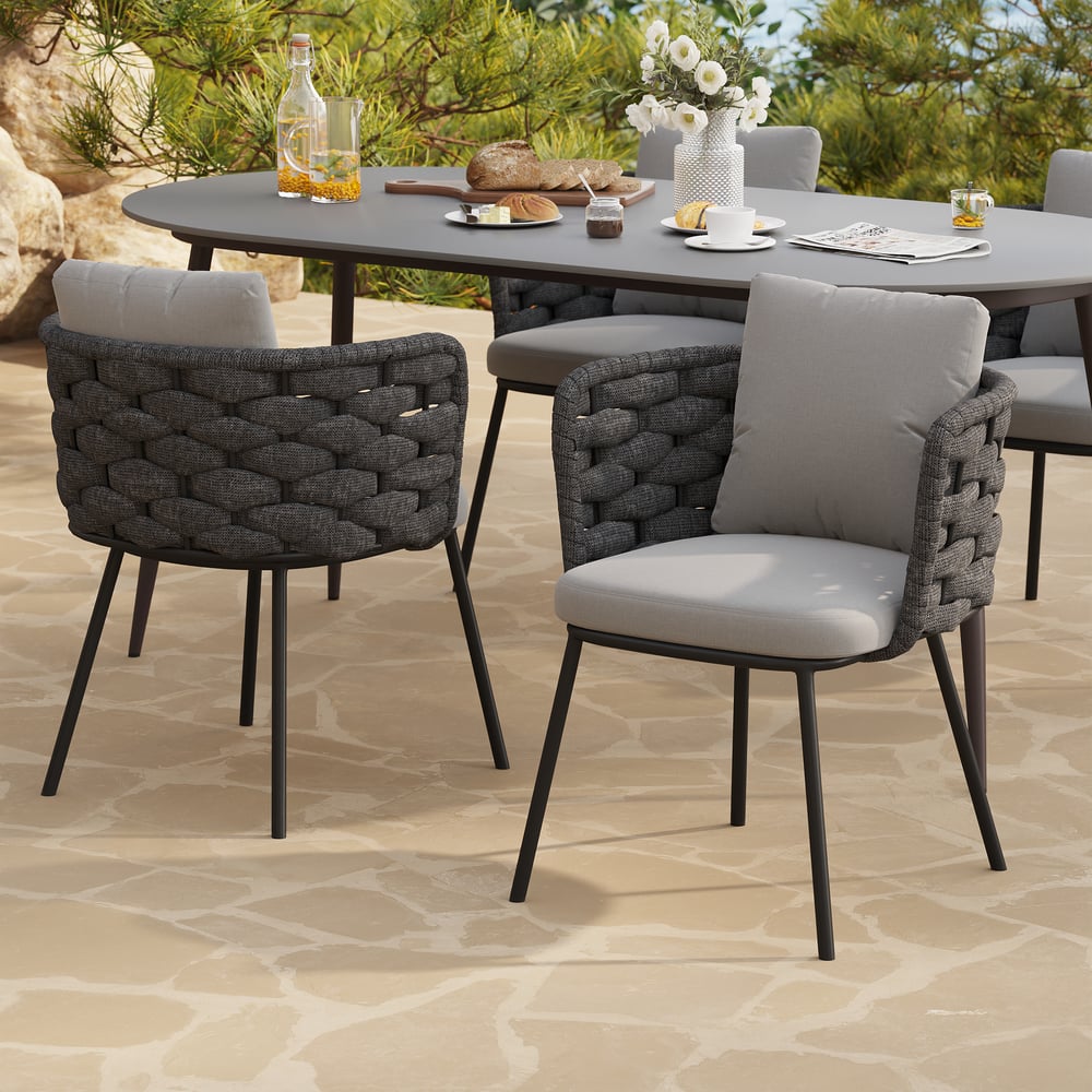 2-delige moderne eetkamerstoel van aluminium en touwen uit het midden van de eeuw, donkergrijs Vensterafbeelding