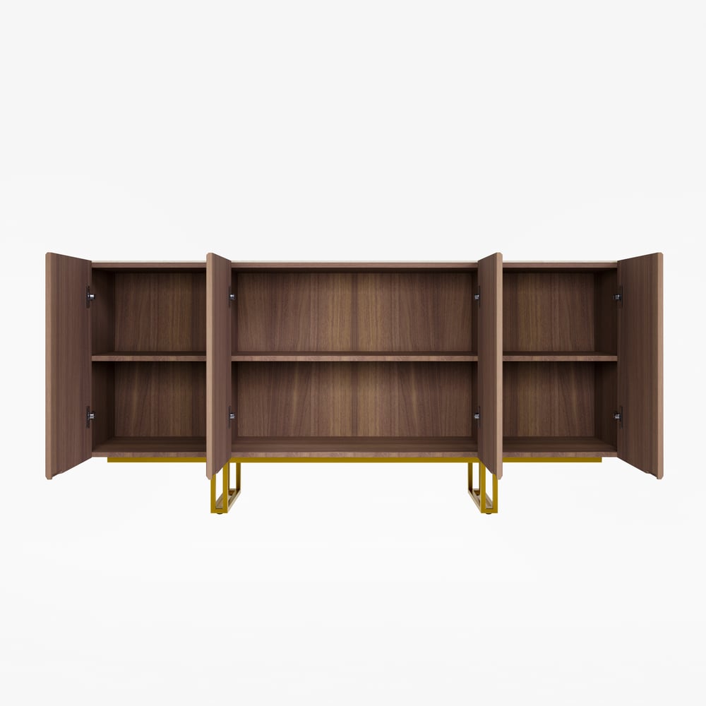 Credenza da buffet Grovyn, 1600 mm, piano in pietra sinterizzata, in noce scanalato, con ripiani regolabili Immagine della finestra