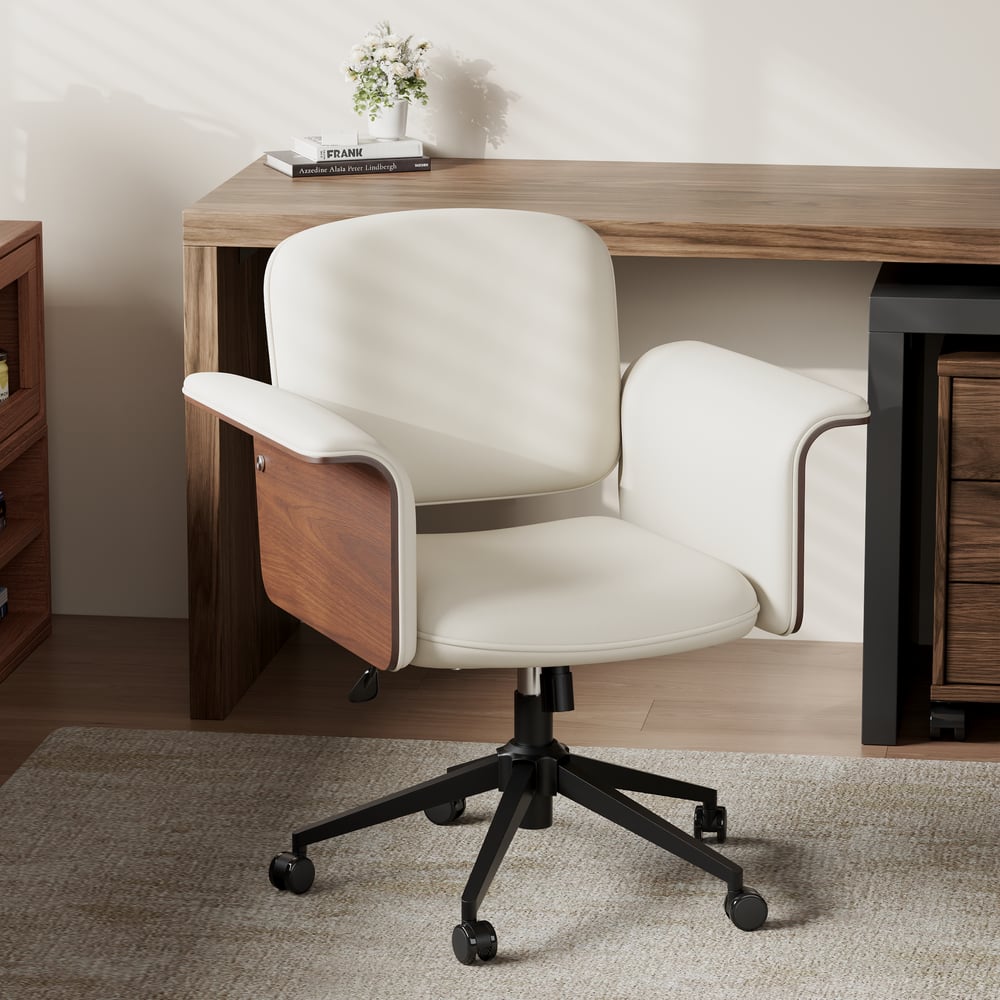 Wood & Faux Leather Office Chair - Ergonomic Adjustable Swivel (Warm White) window image