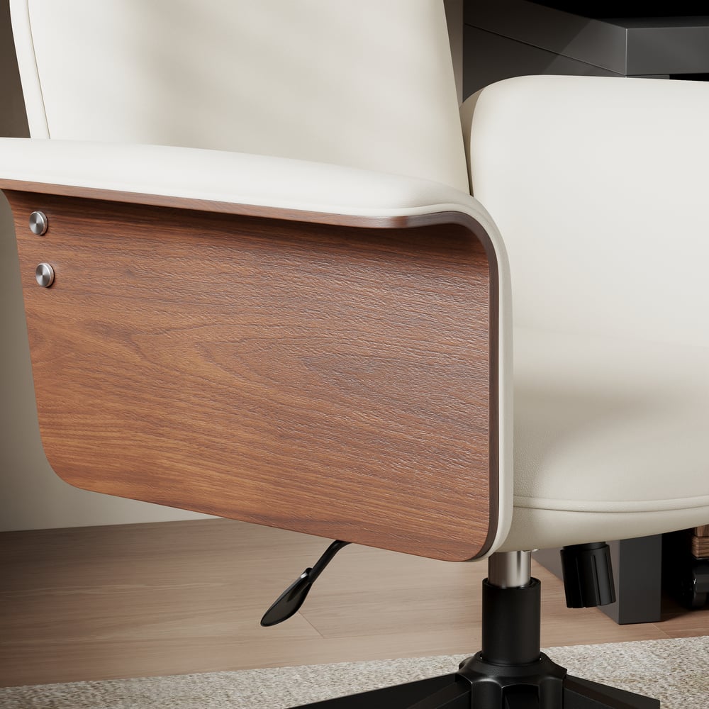 Wood & Faux Leather Office Chair - Ergonomic Adjustable Swivel (Warm White) window image