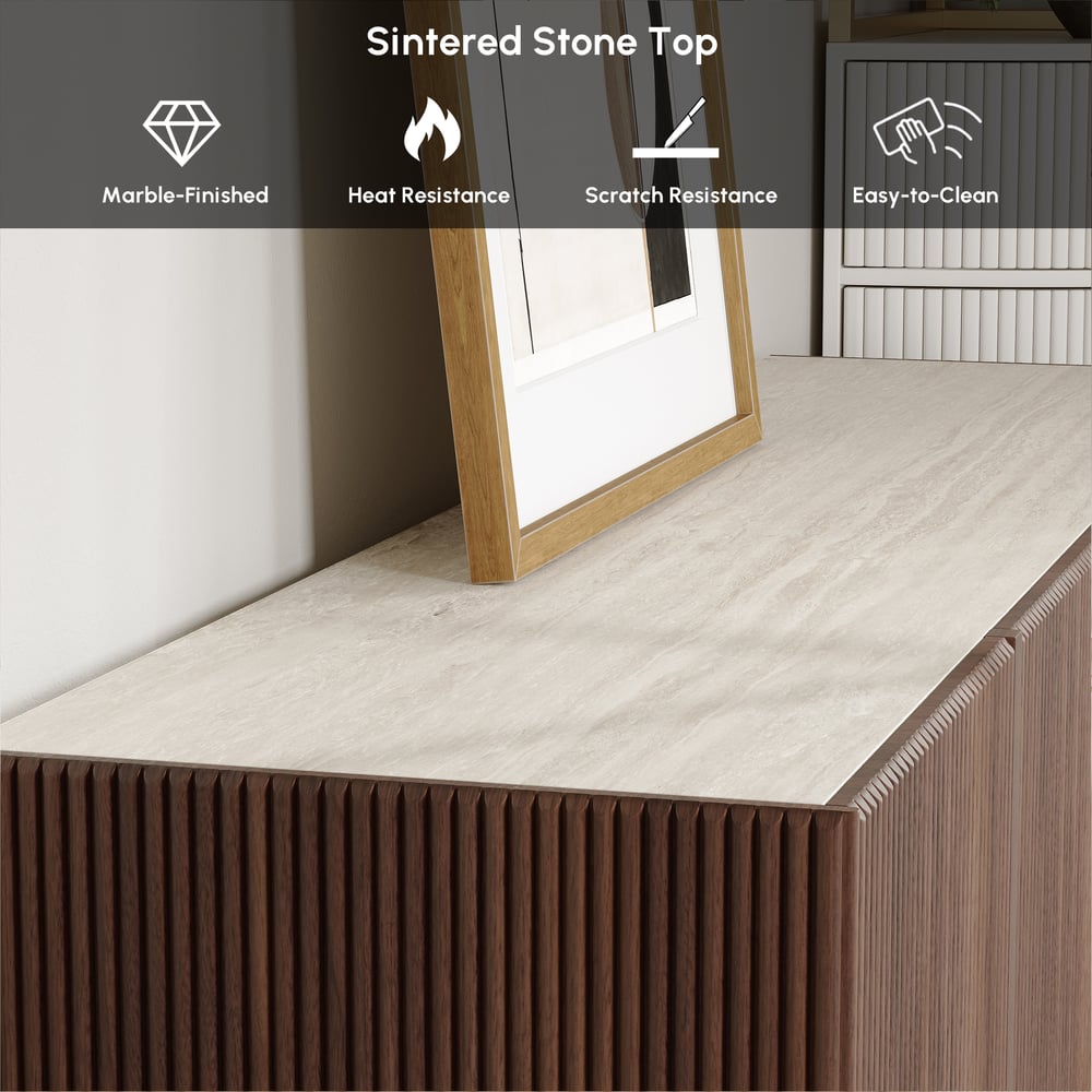 Credenza da buffet Grovyn, 1600 mm, piano in pietra sinterizzata, in noce scanalato, con ripiani regolabili Immagine della finestra