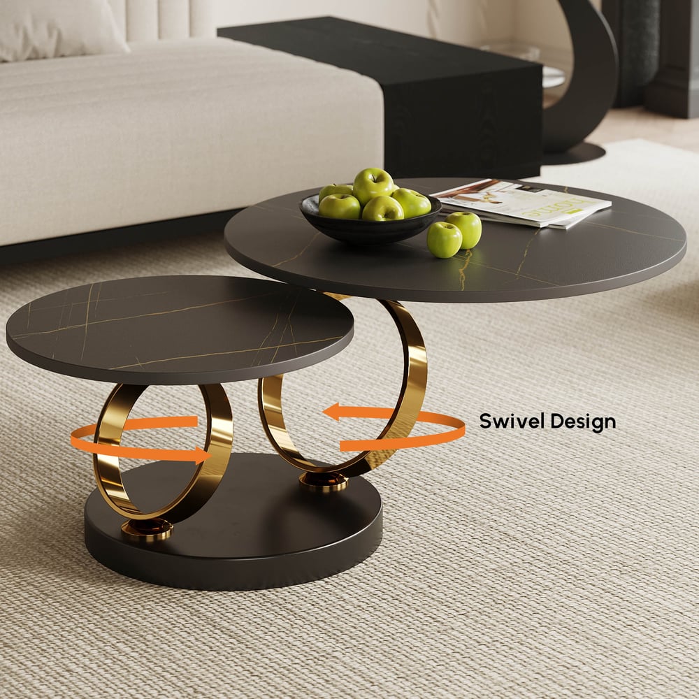 Modern Black Extendable Coffee Table with Ring-shaped Metal Pedestal window image