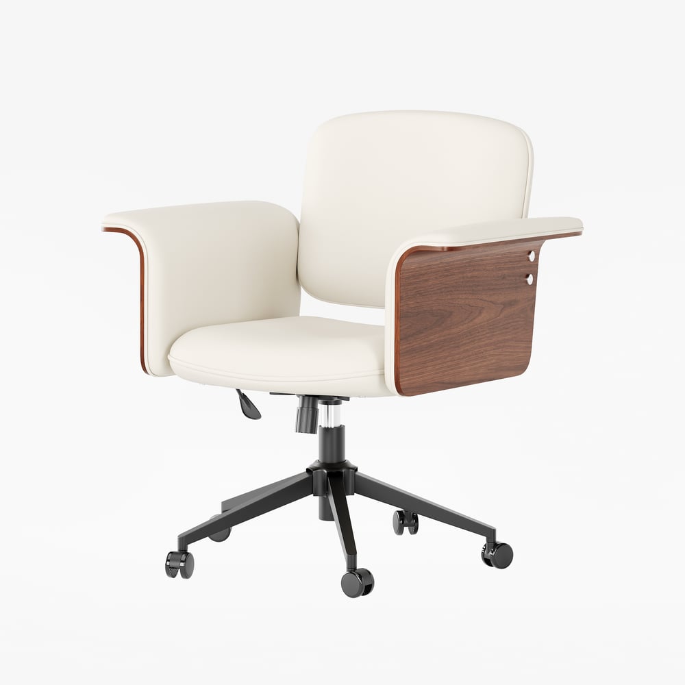 Wood & Faux Leather Office Chair - Ergonomic Adjustable Swivel (Warm White) window image